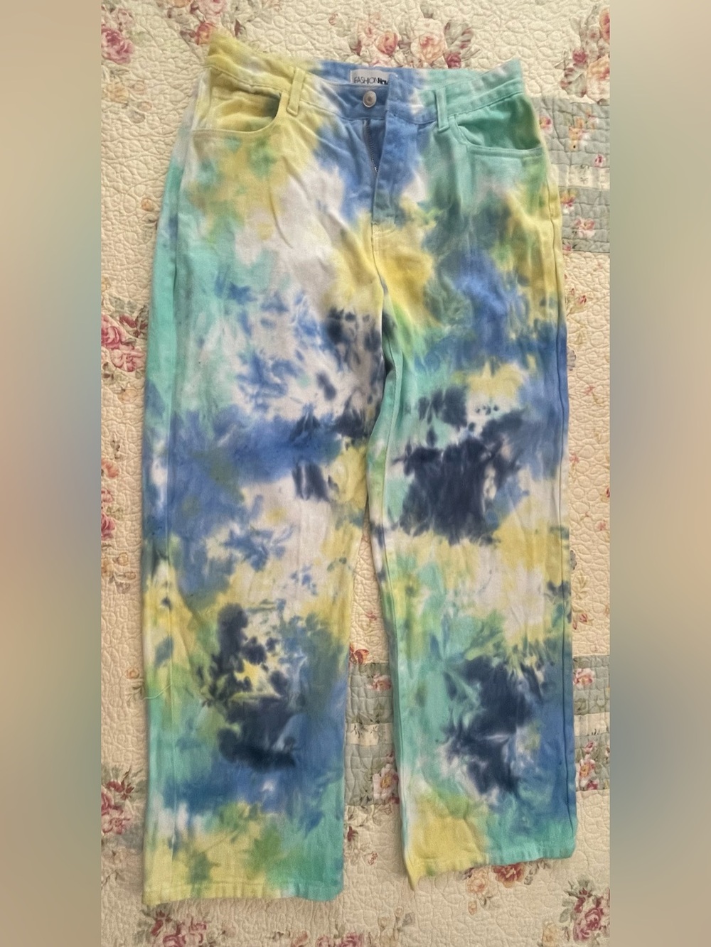 Fashion Nova Tie-Dye Wide Leg Pants in Blue, Green & Yellow